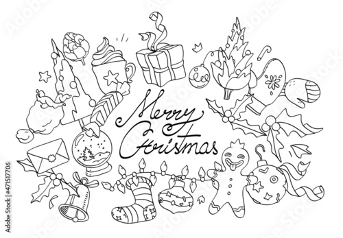 Cartolina di Natale con elementi festivi come regali, dolci, decorazioni per l'albero di Natale photo