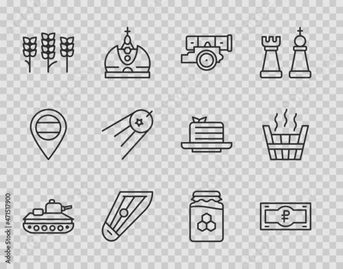 Set line Military tank, Russian ruble banknote, Cannon, Kankles, Wheat, Satellite, Jar of honey and Sauna bucket icon. Vector