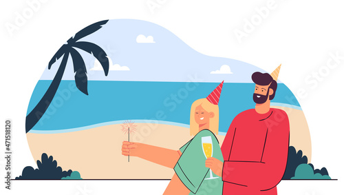 Happy couple on New Year or Christmas party on tropical beach. People with holiday hats and wine glasses flat vector illustration. Cruise, travel concept for banner, website design or landing web page