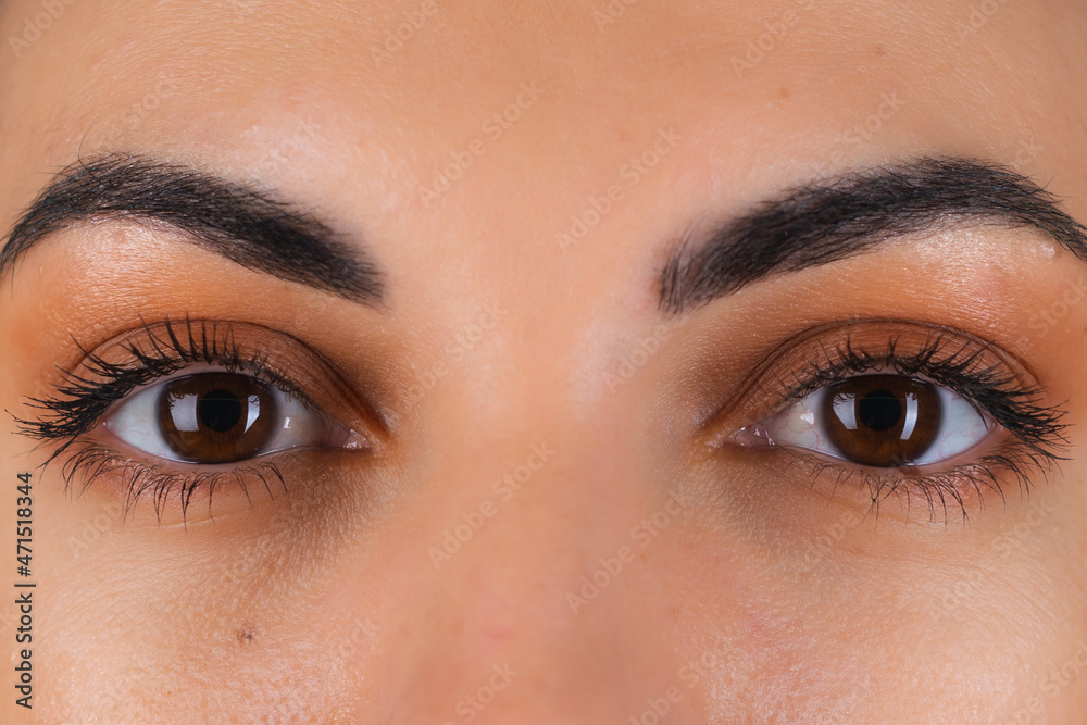 Close-up shot of a girl's eyes with natural warm makeup, eyes looking at the camera Close-up shot of a girl's eyes with natural warm makeup, eyes looking at the camera