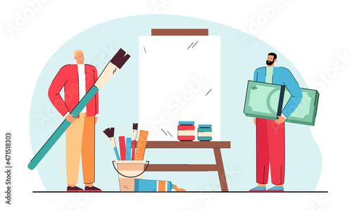 Tiny investor investing money in art work of artist. People with painting tools and easel flat vector illustration. NFT, marketplace, investment concept for banner, website design or landing web page