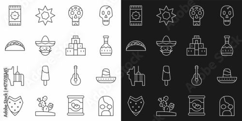 Set line Mexican wrestler  sombrero  Tequila bottle  skull  man  Taco with tortilla  carpet and Chichen Itza in Mayan icon. Vector