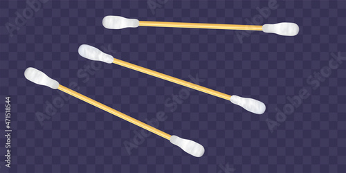 Set of realistic cotton buds. Cotton swabs for ears. 3D vector. Realistic illustration isolated on transparent background.