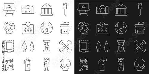 Set line Human skull, Crossed human bones, Museum audio guide, building, Information, Broken, Glass showcase exhibit and Earth globe icon. Vector