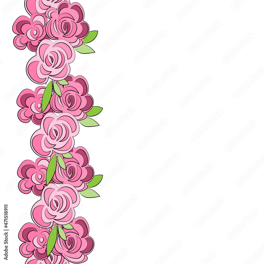 Pattern with pink roses. Vector image, suitable for print, fabric, background, postcard design. Flowers, summer, holiday. 