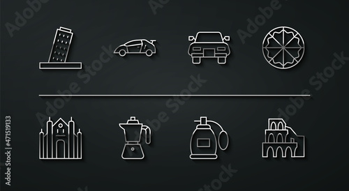 Set line Tower in Pisa, Milan Cathedral, Pizza, Perfume, Coffee moca pot, Sport racing car, Coliseum Rome and Car icon. Vector