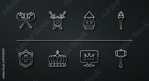 Set line Crossed medieval axes, Shield, Torch flame, Location king crown, King, Medieval shield with swords, Hammer and Castle tower icon. Vector