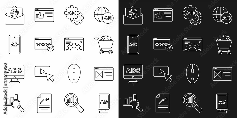 Set line Advertising, Browser window, Shopping cart, Website template, Mail and e-mail and setting icon. Vector