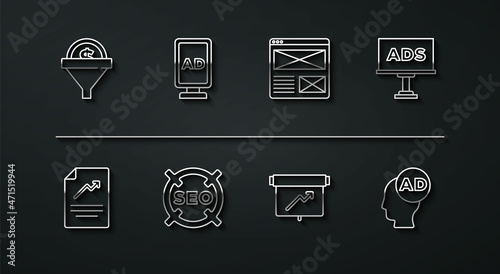 Set line Lead management, Document with graph chart, Advertising, Board, SEO optimization, and Browser window icon. Vector