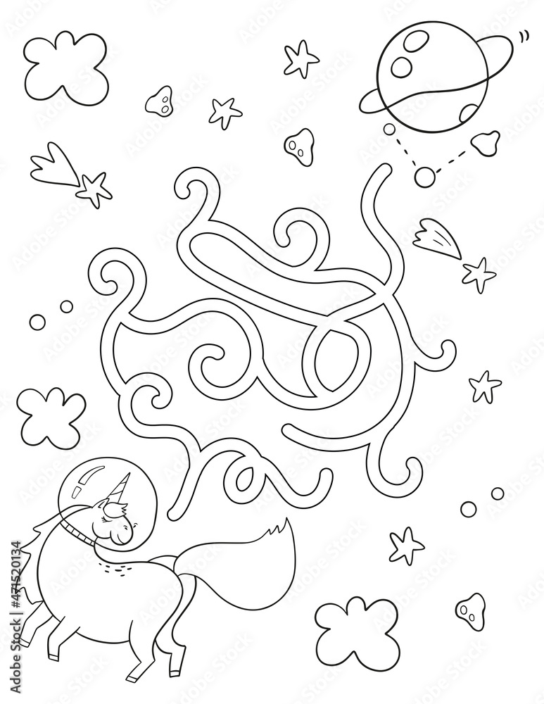 Fototapeta premium Simple space maze with unicorn for kids. Coloring page with labyrinth for kids.