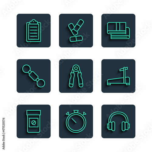 Set line Anabolic drugs, Stopwatch, Headphones, Towel stack, Sport expander, Dumbbell, training program and Treadmill machine icon. Vector