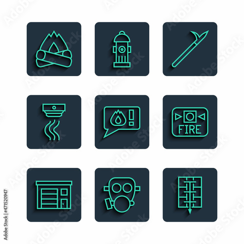Set line Building of fire station, Gas mask, Evacuation plan, Metal pike pole, Telephone call 911, Smoke alarm system, Campfire and Fire icon. Vector