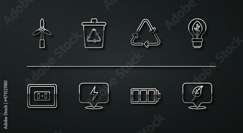 Set line Wind turbine, Electrical outlet, Light bulb with leaf, Battery, Lightning bolt, Recycle recycle, Location and symbol icon. Vector