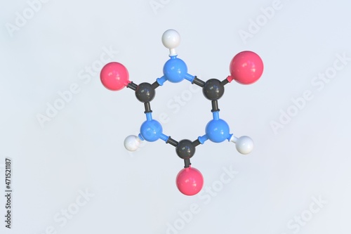 Cyanuric acid molecule made with balls, isolated molecular model. 3D rendering
