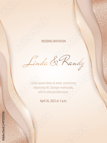 Vector abstract shiny luxury wedding invitation in paper cut style with golden lines, glitter and copy space. Elegant multi-layered modern card template on a background in beige and brown colors