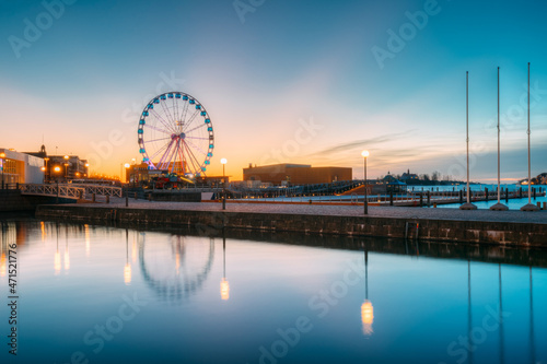 Helsinki, Finland. View Of Embankment With Ferris Wheel In Sunrise Morning