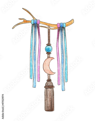 Watercolor natural interior decor. Dry tree branch with colored ribbons, bead, brush pendant with wooden moon. Magic amulet. Hand drawn natural element isolated on white background.