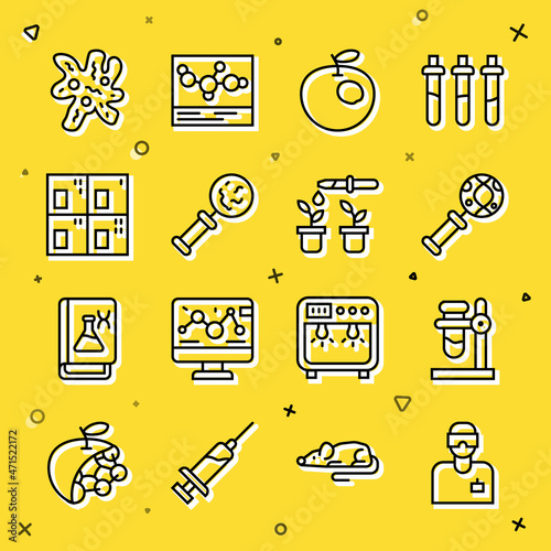 Set line Laboratory assistant, Test tube flask on stand, DNA research, search, Genetically modified apple, Microorganisms under magnifier, Periodic table, Cell and Pipette plant icon. Vector