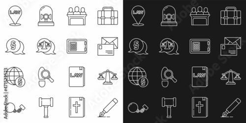 Set line Fountain pen nib, Scales of justice, Envelope, Jurors, Law, Location law and Safe icon. Vector