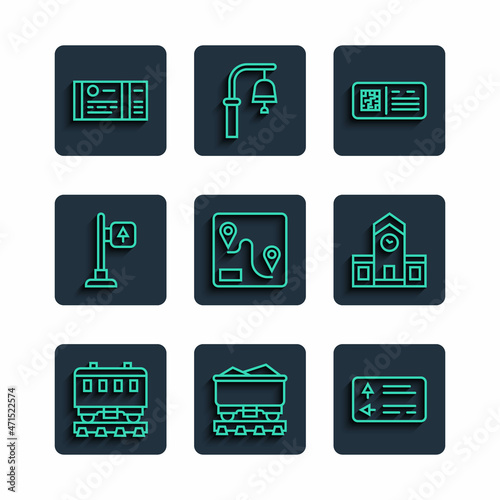 Set line Passenger train cars, Coal wagon, Road traffic signpost, QR code ticket, Route location, Train and Railway station icon. Vector