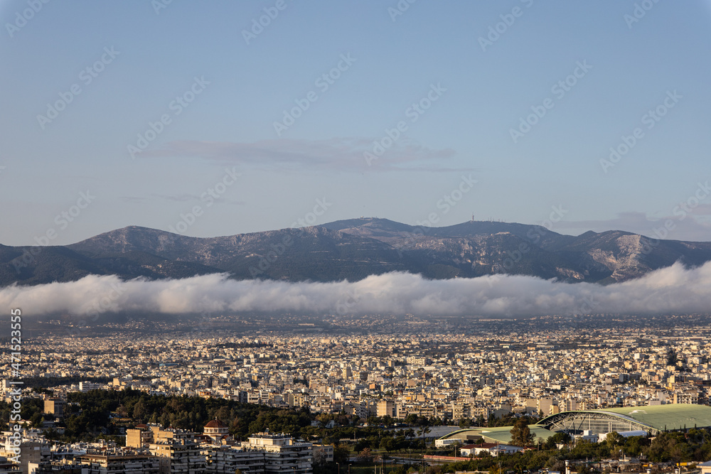Aerial view of Athens city with fog