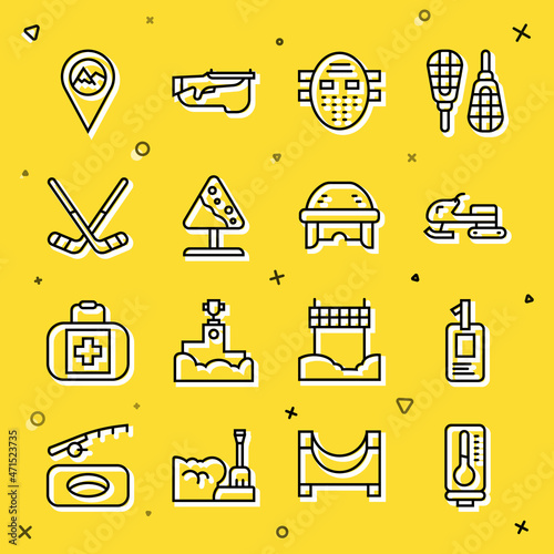 Set line Meteorology thermometer, Identification badge, Snowmobile, Hockey mask, Road sign avalanches, Ice hockey sticks, Location with mountain and helmet icon. Vector