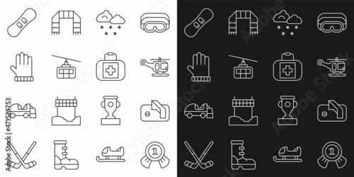Set line Medal, Ice hockey goal, Rescue helicopter, Cloud with snow, Cable car, Christmas mitten, Snowboard and First aid kit icon. Vector