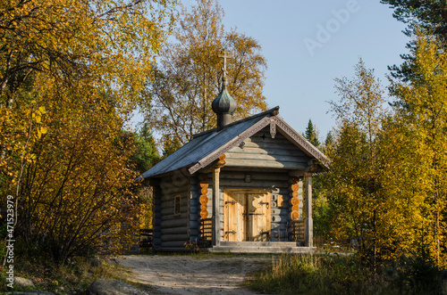 A beautiful wooden chapel at the Solovki cemetery. Chapel of All Saints in the autumn forest. Russia, Solovetsky Islands  © Yakovlev