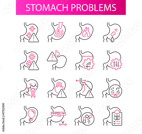 Symptoms of stomach problems. Line icon concept
