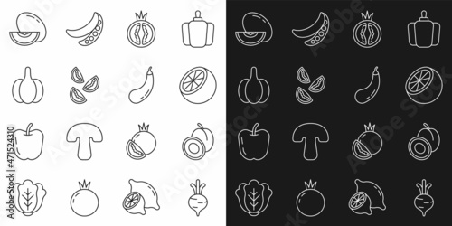 Set line Beet, Plum fruit, Orange, Tomato, Garlic, Melon and Eggplant icon. Vector