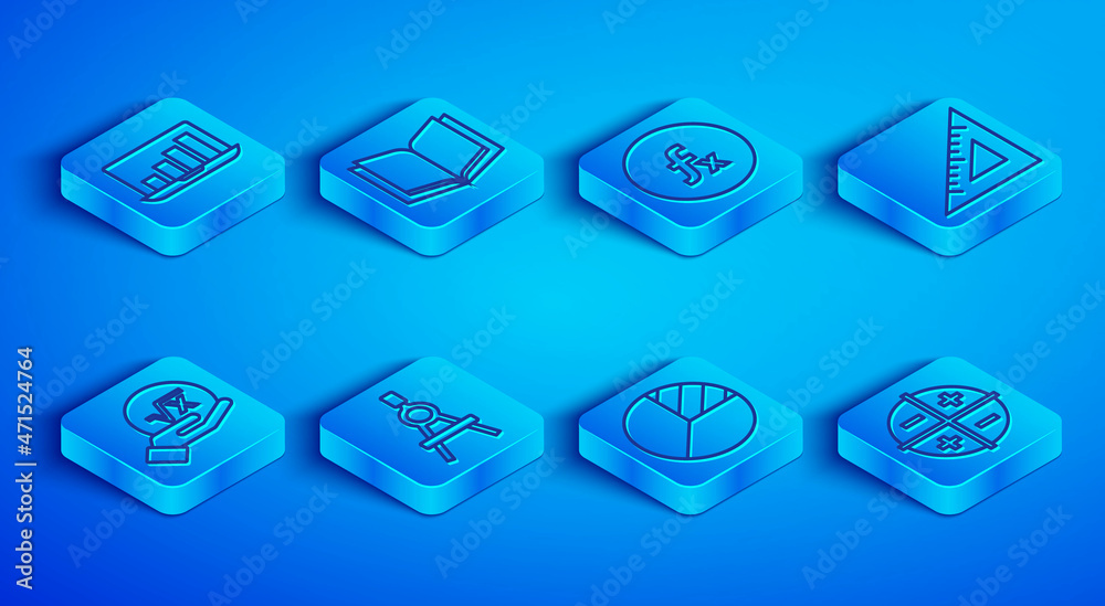 Set line Laptop with graph chart, Open book, Function mathematical symbol, Drawing compass, Pie infographic, Triangular ruler, Square root of x glyph and XYZ Coordinate system icon. Vector Set line Laptop with graph chart, Open book, Function mathematical symbol, Drawing compass, Pie infographic, Triangular ruler, Square root of x glyph and XYZ Coordinate system icon. Vector