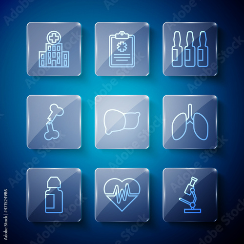 Set line Eye drop bottle, Heart rate, Microscope, Medical vial, ampoule, Human organ liver, broken bone, hospital building and Lungs icon. Vector