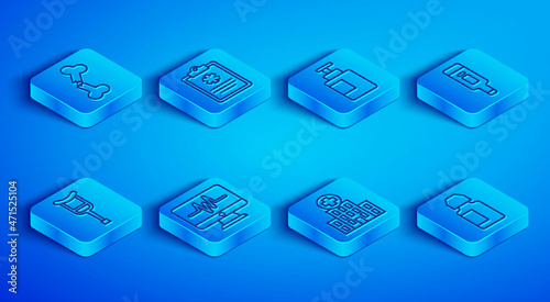 Set line Human broken bone, Clinical record, Hand sanitizer bottle, Monitor with cardiogram, Medical hospital building, Digital thermometer, Crutch crutches and Eye drop icon. Vector