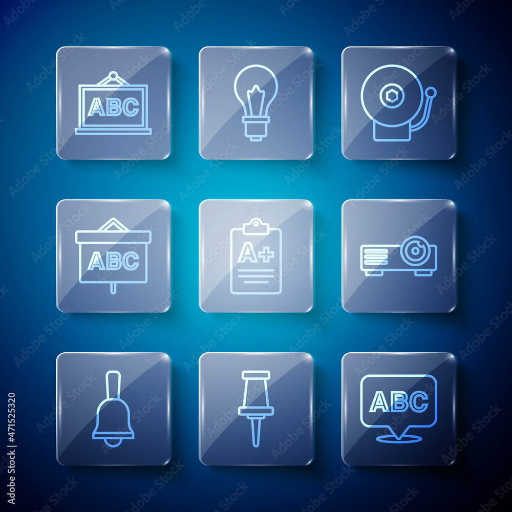 Set line Ringing bell, Push pin, Alphabet, alarm, Exam sheet with plus grade, Chalkboard, and Movie, film, media projector icon. Vector Set line Ringing bell, Push pin, Alphabet, alarm, Exam sheet with plus grade, Chalkboard, and Movie, film, media projector icon. Vector