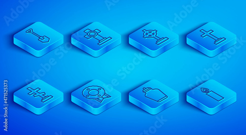 Set line Shovel, Grave with cross, Memorial wreath, Funeral urn, and Burning candle icon. Vector