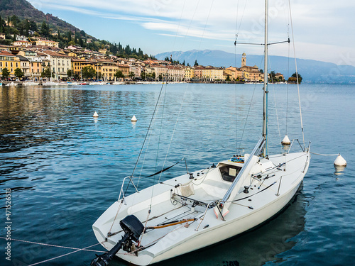Obraz na płótnie Sailboat with Salò in the background-Garda lake-Italy w salonie