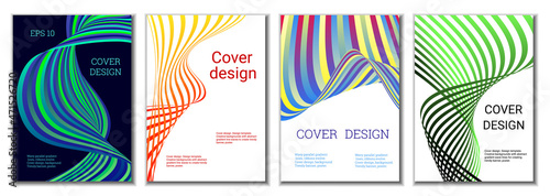 A set of 4 abstract covers. Wavy parallel gradient lines, ribbons evolve. Cover design, background. Trendy banner, poster. © HALINA YERMAKOVA