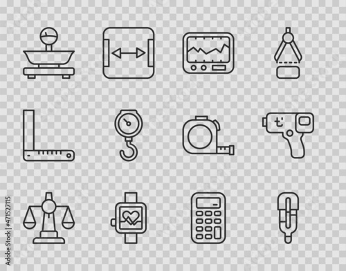 Set line Scales of justice, Medical thermometer, Measuring instrument, Smart watch, Hand scale spring mechanical, Calculator and Digital icon. Vector