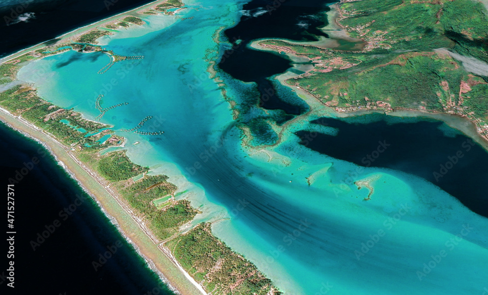 Aerial photography of bungalows and lagoons in Bora Bora French Polynesia