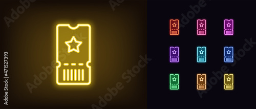 Outline neon ticket icon. Glowing neon ticket with star, pass pictogram in vivid colors. Gift coupon, movie ticket, entrance pass, raffle and lottery card. Vector icon set, symbol for UI