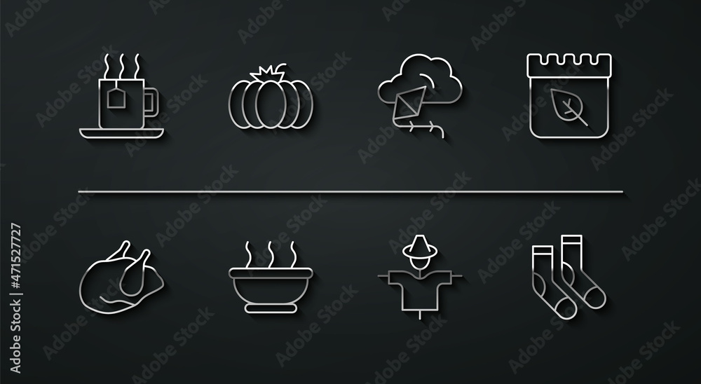 Set line Cup of tea with tea bag, Roasted turkey or chicken, Calendar autumn leaves, Scarecrow, Bowl hot soup, Pumpkin, Socks and Kite icon. Vector