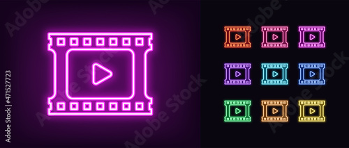 Outline neon film strip icon. Glowing neon movie strip sign, cinema frame pictogram in vivid colors. Cinema tape, video frame, cinematography, video clip and recording. Vector icon set, symbol for UI