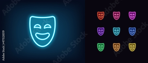 Neon comedy mask, outline icon. Glowing neon comedian mask, humor face pictogram in vivid colors. Comic theatrical performance, comedy show, laugh face. Vector icon set, symbol for UI