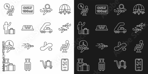 Set line Mobile with ticket, Human waiting in airport terminal, Plane, Airplane search, Taxi car roof, Tourist suitcase, and Passenger ladder for boarding icon. Vector