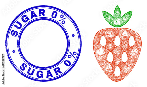 Net irregular mesh strawberry icon, and Sugar 0% corroded round stamp. Abstract lines form strawberry illustration. Blue stamp seal includes Sugar 0% caption inside round form.