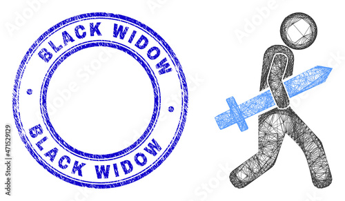 Carcass irregular mesh sword gunman icon with Black Widow grunge round stamp seal. Abstract lines form sword gunman illustration. Blue seal has Black Widow text inside circle form.