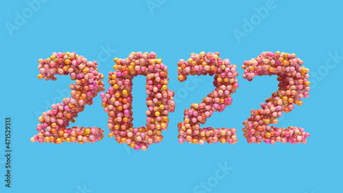 Bright colorful 2022 and particles. Blue background. Abstract illustration, 3d render.