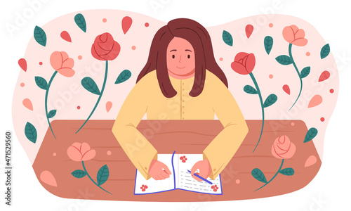 Young girl keeps a diary. The woman is recording. Leads notes. Caring for mental health. Vector illustration