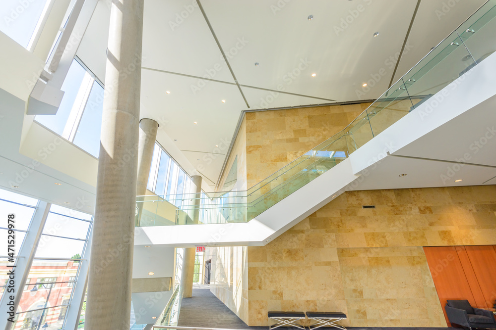 Obraz premium Abstract fragment of architecture of modern lobby, hallway of the luxury hotel, shopping mall, business center in Vancouver, Canada. Interior design.