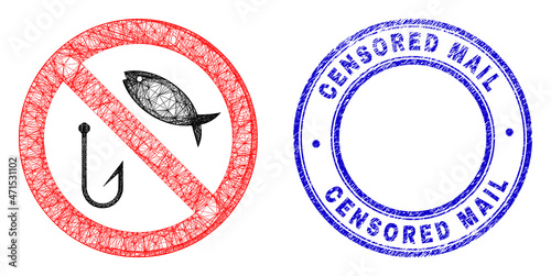 Hatched irregular mesh stop fishing icon, and Censored Mail unclean round seal. Abstract lines form stop fishing picture. Blue stamp seal has Censored Mail caption inside round form.